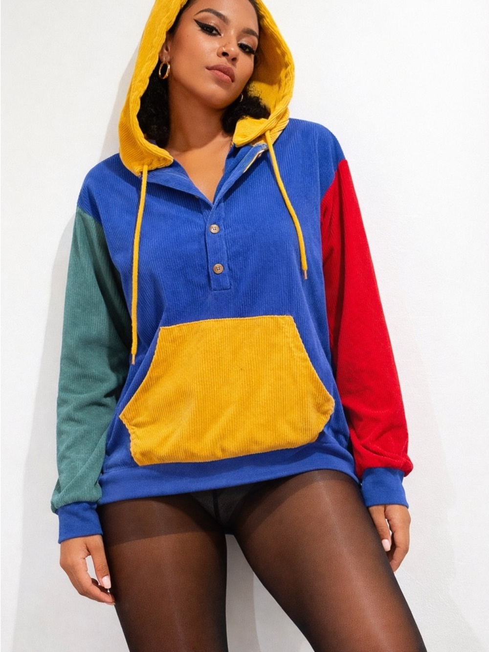 Colorblock Corduroy Hoodie with Yellow Hood